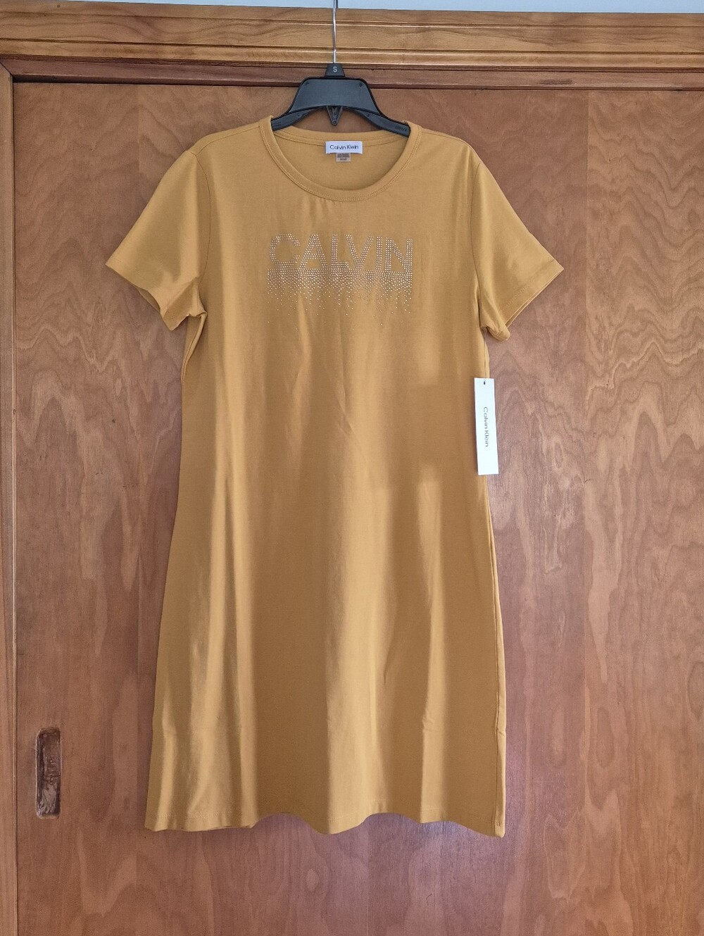 Calvin Klein Yellow Short-Sleeve T-shirt Dress with Gold Studded Logo, size S